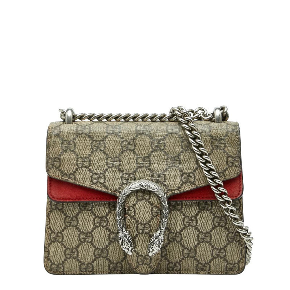 Gucci GG Supreme Dionysus Chain Shoulder Bag Beige Cream Red Suede
